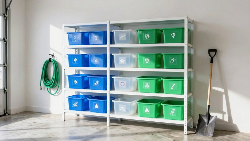 garage shelves bins labels