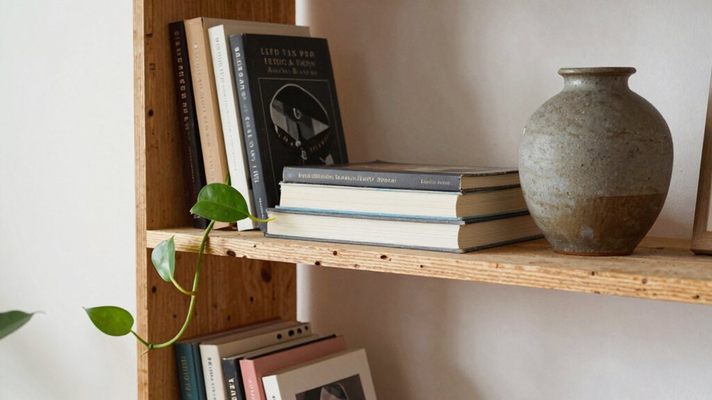 layered curated plywood bookshelf