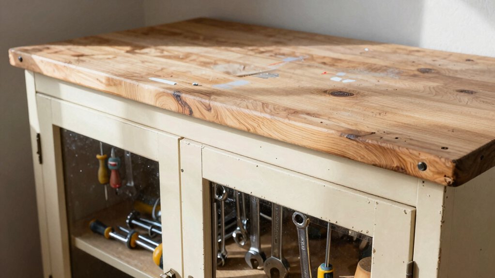 old cabinets become workbench